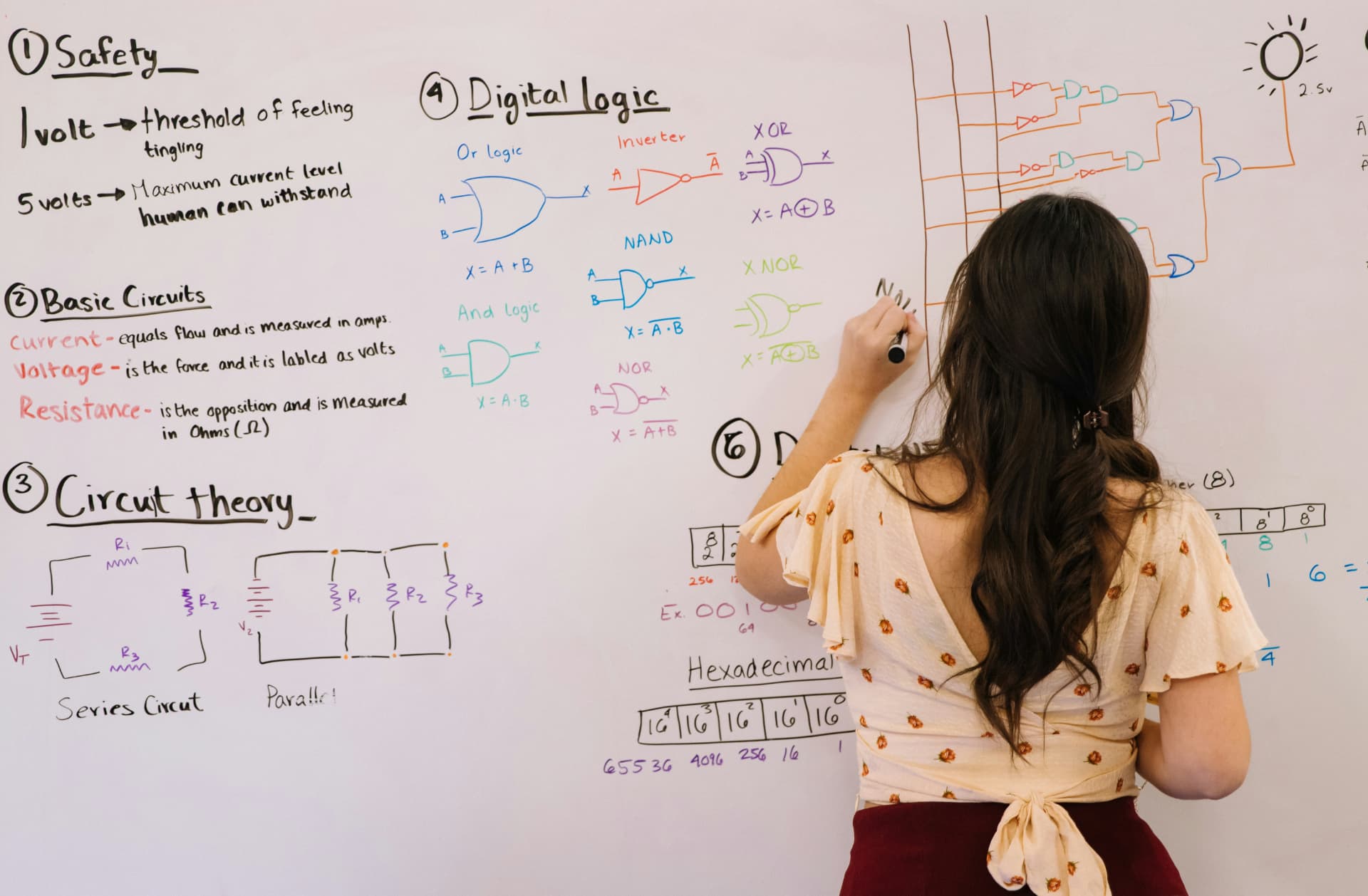 A woman writing circuit and digital-logic diagrams across a whiteboard